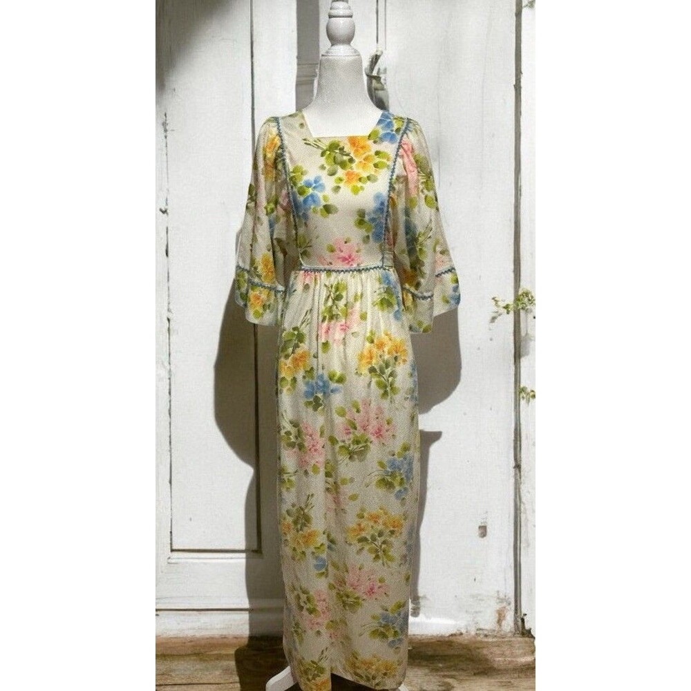 Vintage 70s Prairie Dress Size L-XL Floral Maxi Kimono Garden Cottage Tie Waist
